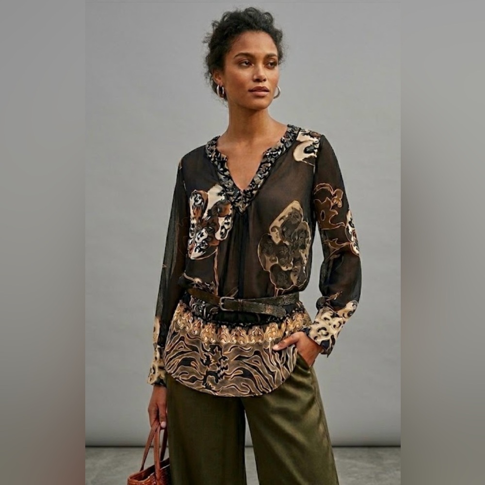Vintage Y2K Hale Bob Silk Boho Paisley Floral Print Long Sleeve Tunic Blouse XS